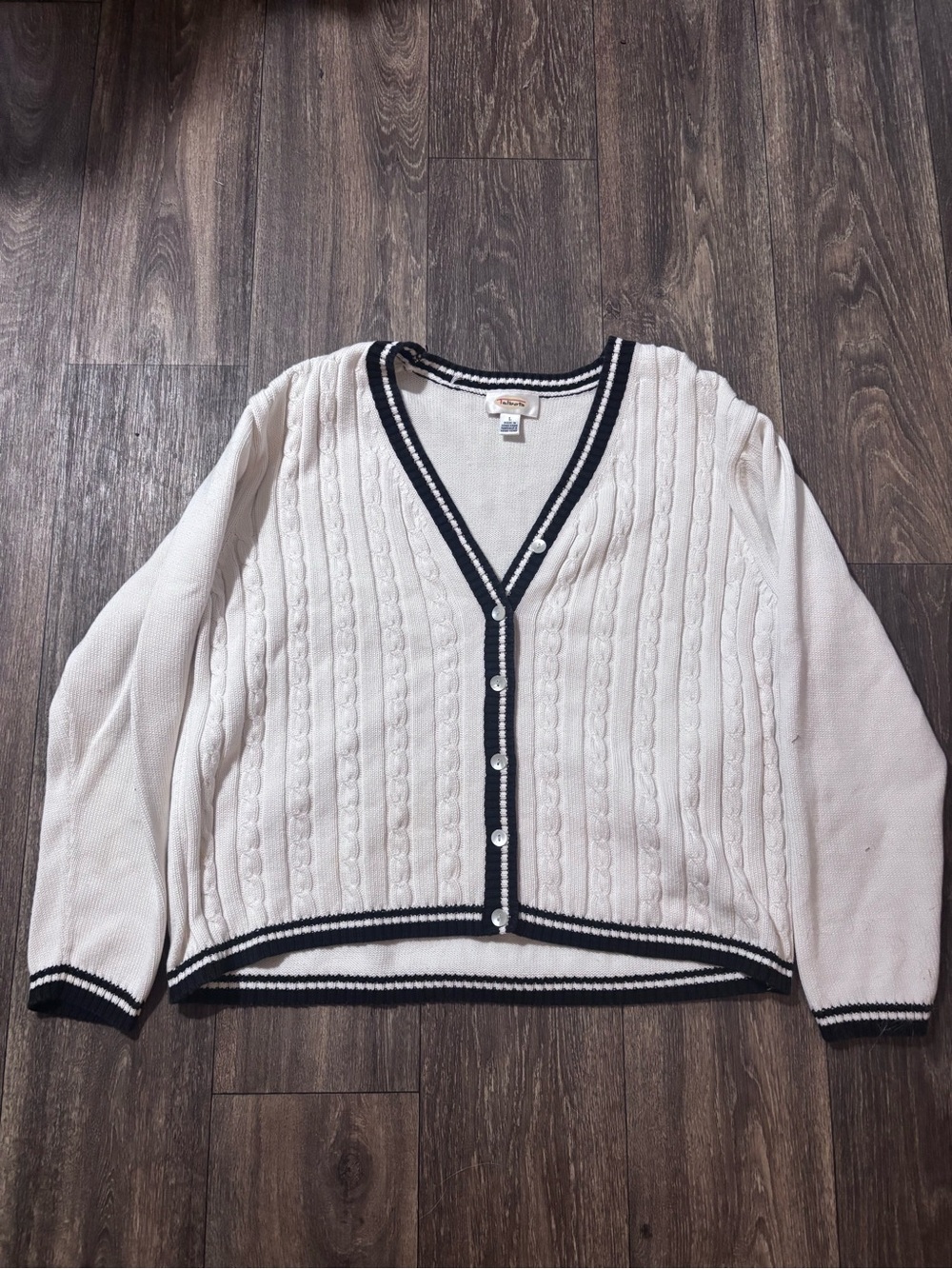 Talbots Ivory Cable-Knit Cardigan with Black Trim